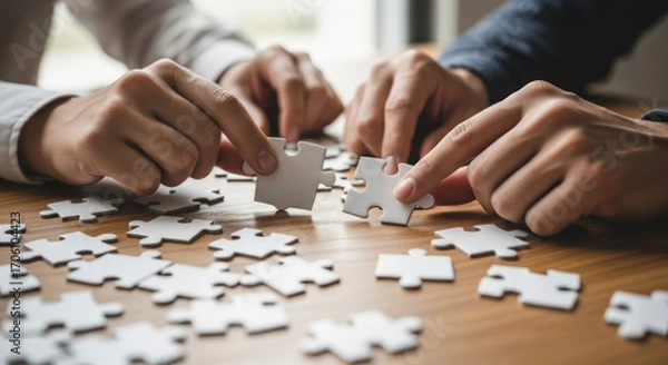 Fototapeta Teamwork: Hands collaboratively assembling a jigsaw puzzle.