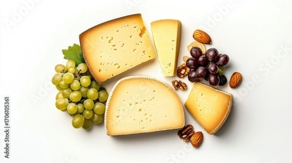 Obraz Assorted cheese blocks with green and red grapes and mixed nuts on a white background, close-up, high resolution, culinary food presentation