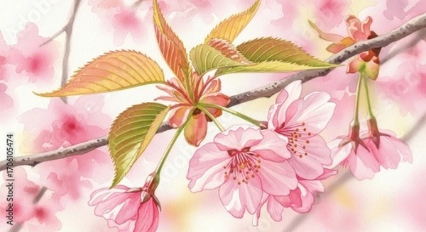 Fototapeta Delicate cherry blossoms and leaves in soft pastel hues, showcasing a serene and springtime atmosphere.