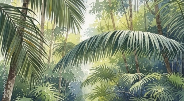 Fototapeta Lush tropical forest scene, painted with meticulous detail in watercolor, showcasing a dense canopy of palm trees and foliage, bathed in soft, diffused light.