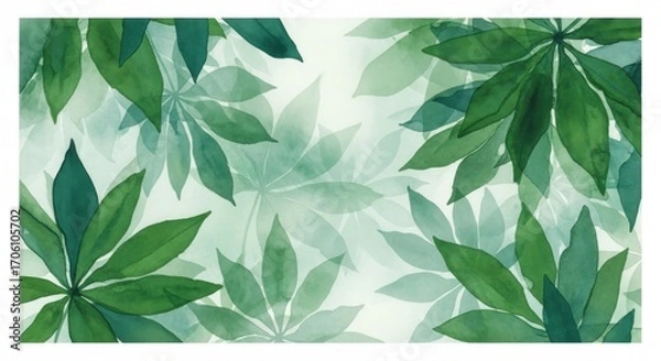 Fototapeta A lush display of watercolor-style leaves in varying shades of green, creating a peaceful and tranquil scene.