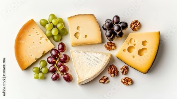 Obraz Assorted cheese varieties with green and purple grapes and walnuts on a clean white background for gourmet food and snack presentation