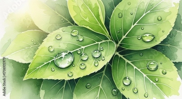 Fototapeta Delicate green leaves, adorned with glistening water droplets, create a vibrant and fresh visual.