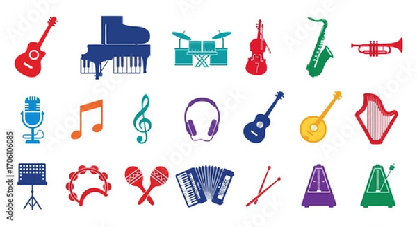 Fototapeta Musical instruments silhouettes colorful flat icons on a white background in landscape orientation