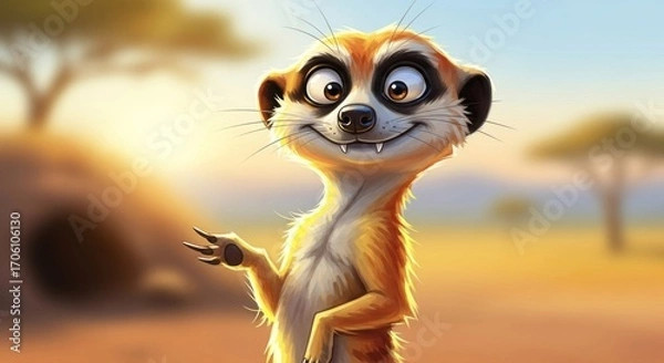 Fototapeta A cheerful meerkat, characterized by expressive eyes and a playful grin, stands amidst a sunlit savanna landscape, showcasing digital illustration's vibrant hues and whimsical style.