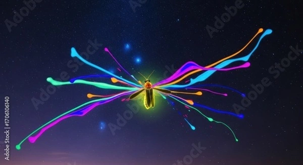 Fototapeta A firefly, adorned with vibrant paint streaks, soars through a night sky dotted with stars.
