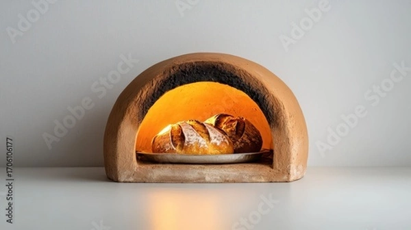 Obraz Traditional outdoor wood fired pizza oven made of clay with glowing fire inside baking freshly baked bread and pizza cuisine cooking in rustic setting
