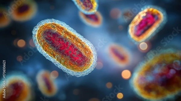 Fototapeta Human pathogenic viruses with detailed molecular surface structure, generative ai illustration