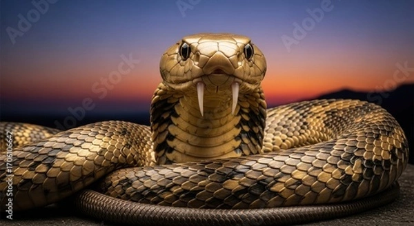 Fototapeta A golden-toned snake coils elegantly, displaying its intricate scales against a breathtaking sunset backdrop.