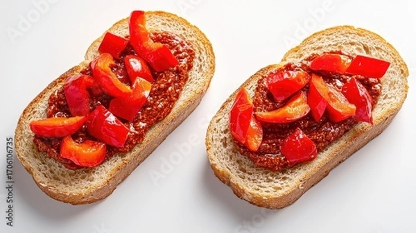 Obraz Freshly prepared bruschetta with diced tomatoes and chopped red bell peppers on crusty bread slices, ideal appetizer, snack, or party starter