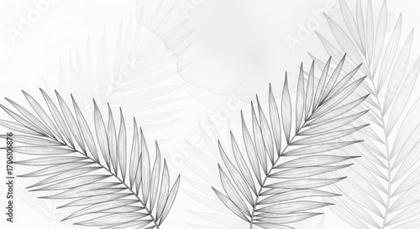 Fototapeta Elegant grayscale illustration of overlapping palm fronds against a light background.