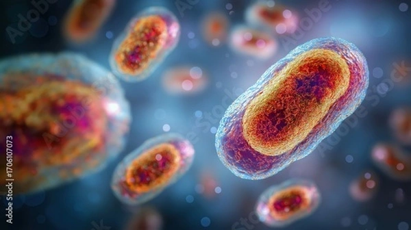 Fototapeta Human pathogenic viruses with detailed molecular surface structure, generative ai illustration