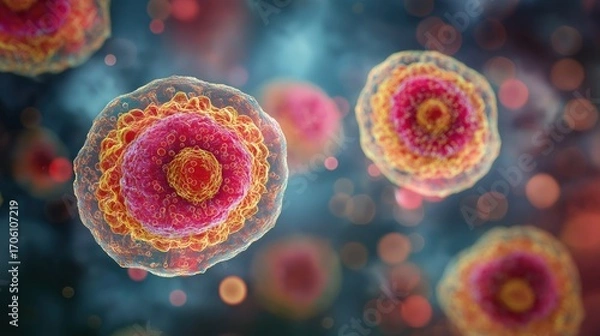 Fototapeta Human pathogenic viruses with detailed molecular surface structure, generative ai illustration