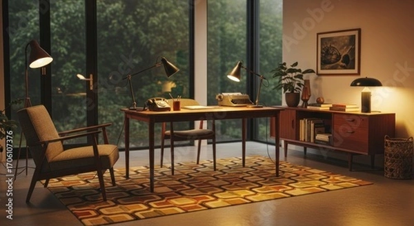 Fototapeta A mid-century modern home office, bathed in warm, inviting light, features a comfortable armchair, a stylish desk, and a striking geometric rug.