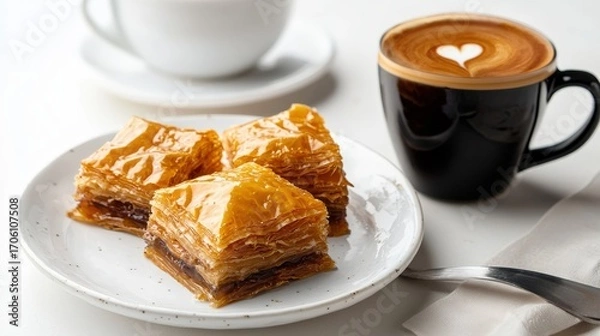 Obraz Delicious layered pastry desserts with golden caramelized flaky crust served on white plate alongside a hot cappuccino with heart-shaped foam art in cozy cafe setting