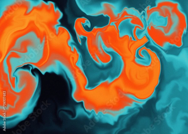 Fototapeta Abstract digital artwork featuring fluid swirling shapes in vibrant shades of blue and orange. Smooth color transitions create a dynamic flow with a hypnotic, dreamlike visual effect.