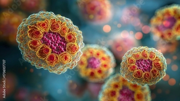 Fototapeta Human pathogenic viruses with detailed molecular surface structure, generative ai illustration