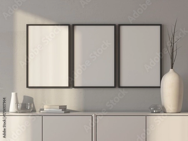 Fototapeta Three poster Art Frames Mockup hanging on wall, 3d rendering