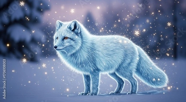 Fototapeta A captivating arctic fox, rendered in ethereal blue fur, stands amidst a winter wonderland of falling snowflakes.