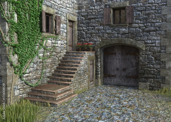 Fototapeta 3D illustration of a stone tower entrance featuring a wooden door, shutters, stone walls, lush greenery, and cobblestone ground, evoking a rustic, historical atmosphere.