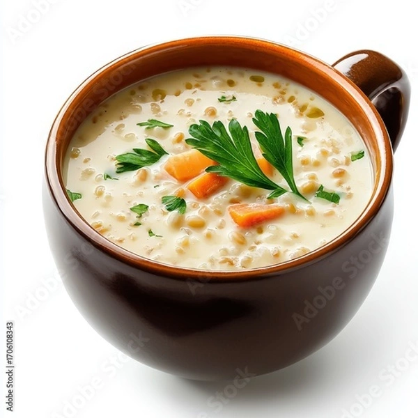 Obraz Creamy vegetable soup in a brown ceramic mug garnished with fresh parsley and chopped carrots, served hot with a smooth, hearty, nutritious comfort food