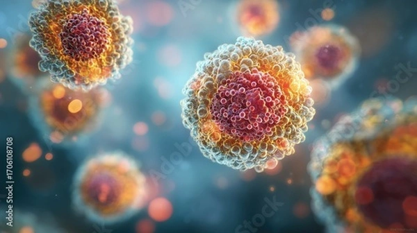 Fototapeta Human pathogenic viruses with detailed molecular surface structure, generative ai illustration