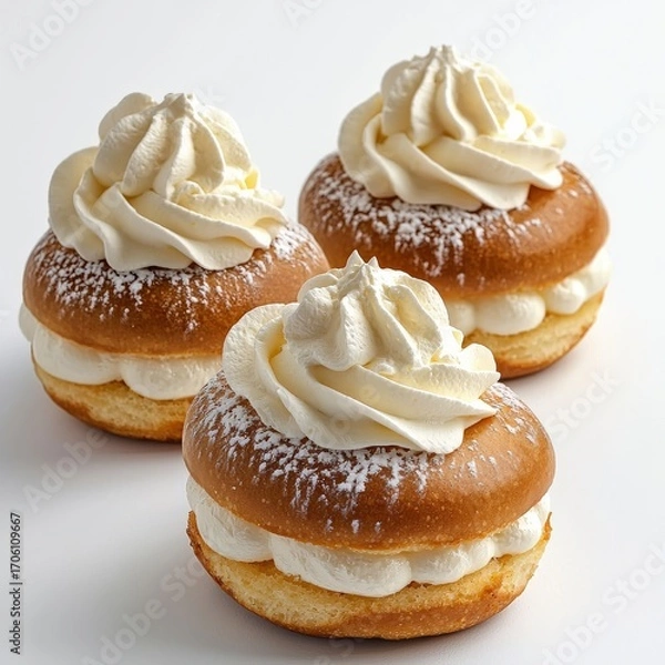 Obraz Three cream-filled profiteroles with whipped cream and powdered sugar on a white background, close-up pastry desserts with smooth texture and delicate appearance