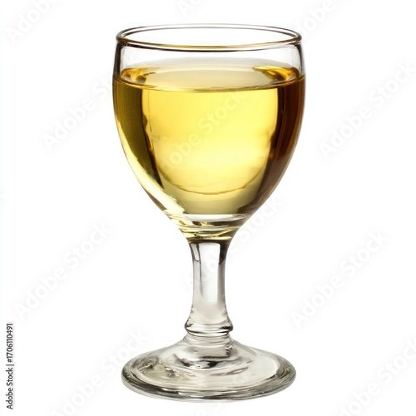Fototapeta A glass goblet of golden liquid, likely wine or juice, set against a white backdrop with clear glass and soft lighting, creating a simple, elegant presentation