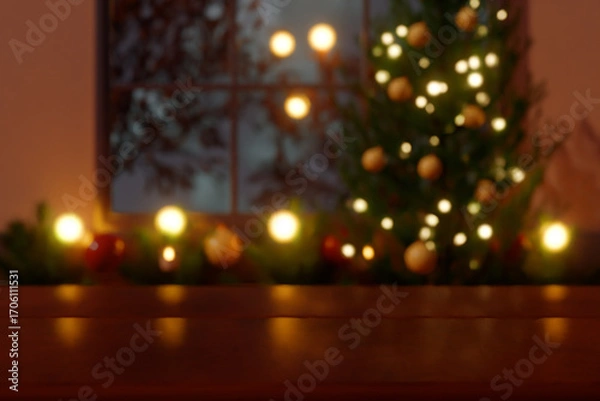 Obraz Christmas tree with glowing lights and decorations by a window at night. 3d rendering