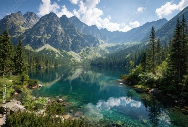 Fototapeta Serene alpine lake surrounded by dense evergreen forest reflects the sky, with towering mountain peaks rising in the backdrop under blue skies