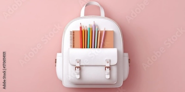 Fototapeta White backpack filled with colorful pencils and a notepad on a light pink background, positioned centrally, and lit softly for studio quality