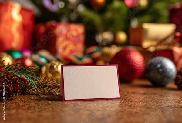 Fototapeta Holiday scene with gifts and a blank card. The card is in the foreground, and presents are blurred in the background