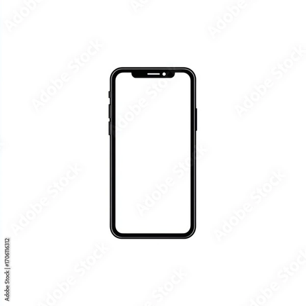 Fototapeta Black smartphone mockup with a blank white screen stands centered against a stark white background, displaying minimalist modern design