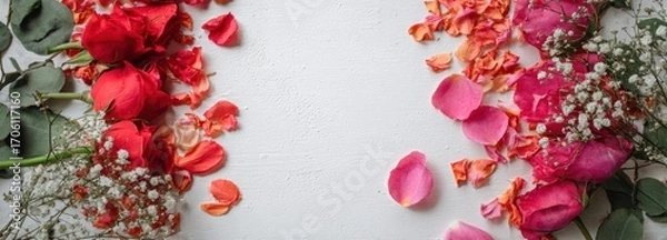 Fototapeta A flat lay of red & pink roses, baby's breath, and eucalyptus leaves on a white surface, with petal scatter providing a frame