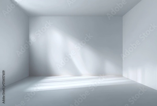 Fototapeta An empty, bright white room with subtle shadows cast diagonally across the floor and back wall creating an ethereal, clean and minimalist space