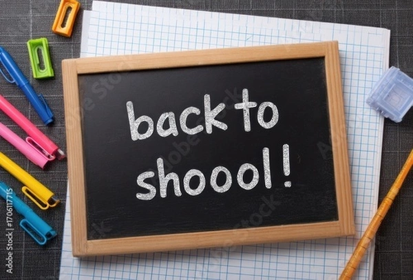 Fototapeta Slate blackboard with "back to shoooool!" message, pen, sharpener and open notebook on a gray surface, top view
