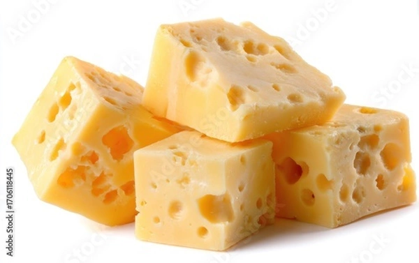 Fototapeta Several irregularly-shaped, yellow cheese cubes are stacked on a white background, showcasing the cheese's holes and texture