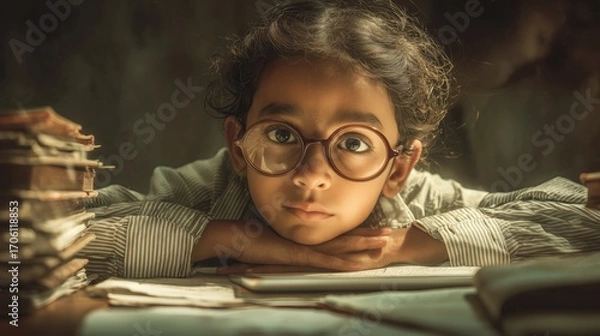 Fototapeta Photorealistic image of a child with eyeglasses studying at desk with books and tablet, learning with focus, generative ai illustration.