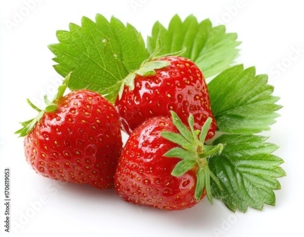Fototapeta Three vibrant red strawberries nestled amongst lush green leaves, illuminated on a plain white surface, close-up