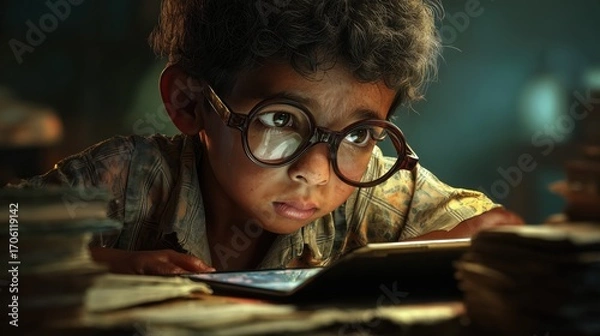 Fototapeta Photorealistic image of a child with eyeglasses studying at desk with books and tablet, learning with focus, generative ai illustration.