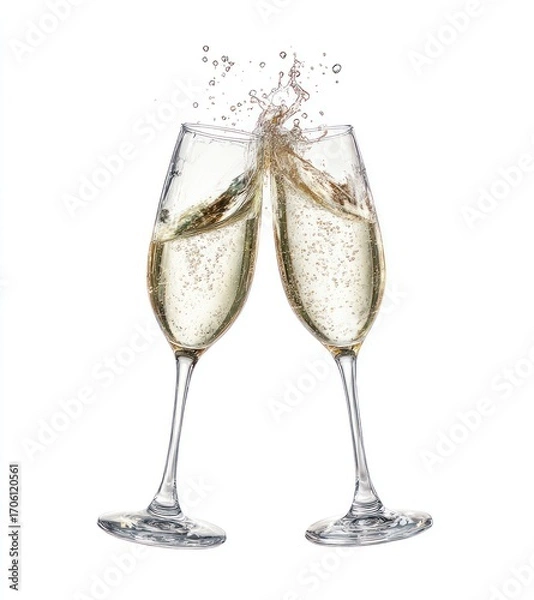 Fototapeta Two slender flutes, filled with bubbly liquid, clink together, creating a splash of spray against a clean white backdrop; celebrate with fizzing light beverage