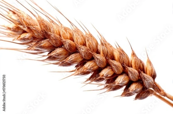 Fototapeta A close-up of a golden wheat stalk against a crisp white background, showcasing texture & form. The sunlight highlights details