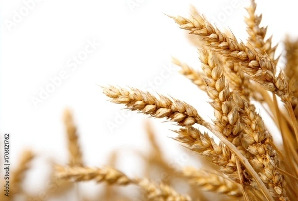 Fototapeta Bunch of golden wheat stalks displayed diagonally, softly focused against a bright white background, conveying natural harvest textures and light