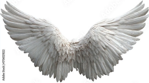 Fototapeta Elegant, detailed white wings spread wide against a white background, showcasing layers of individual feathers. Texture and shading add depth