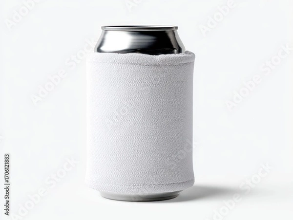 Fototapeta Silver can encased in a white fabric cozy, displayed on a plain white background. The can's top is visible. Bright studio lighting creates soft shadows