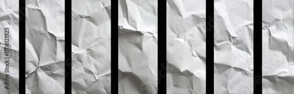 Fototapeta An abstract arrangement featuring seven vertical slices of crumpled white paper set against stark black bars. Light and shadow interplay across the textured surface