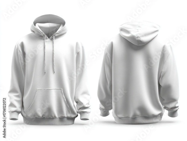 Fototapeta Two blank white hoodies, one displayed from the front with a pocket and drawstrings, and the other from the back, showing the hood