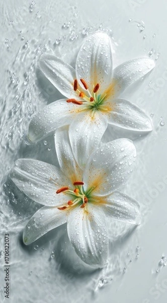 Fototapeta Two elegant white lilies with yellow centers are partially submerged in clear water, creating gentle splashes and a clean, serene aesthetic
