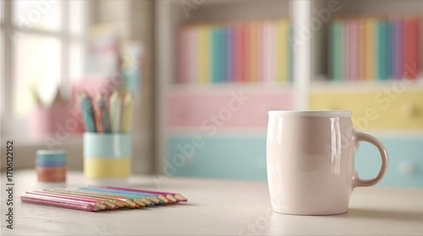 Fototapeta A pastel colored, warm-toned workspace featuring a mug, colored pencils and containers against a backdrop of blurred shelves filled with colorful files