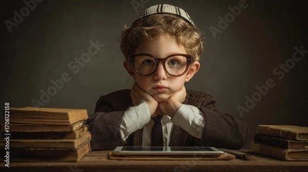 Fototapeta Photorealistic image of a child with eyeglasses studying at desk with books and tablet, learning with focus, generative ai illustration.